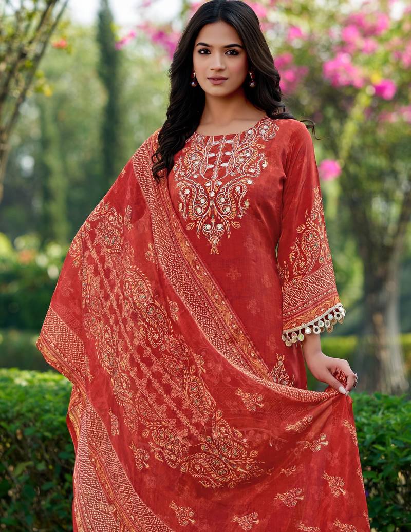 Rust printed with handwork natural crepe ethnic kurti set with plazzo