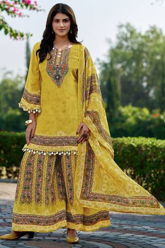Lemon printed with handwork natural crepe ethnic kurti set with plazzo