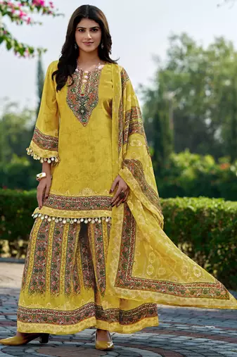 Lemon printed with handwork natural crepe ethnic kurti set with plazzo