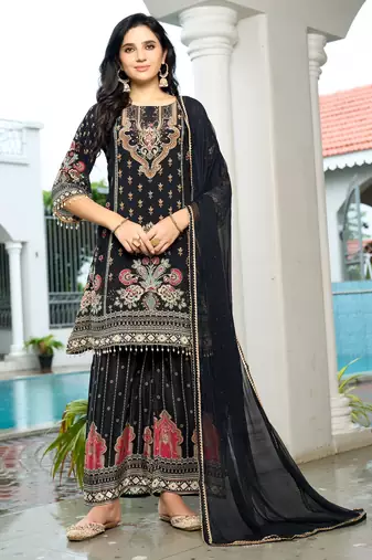 Black printed with handwork natural crepe ethnic kurti set with plazzo