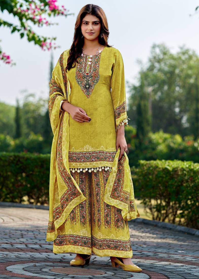 Lemon printed with handwork natural crepe ethnic kurti set with plazzo