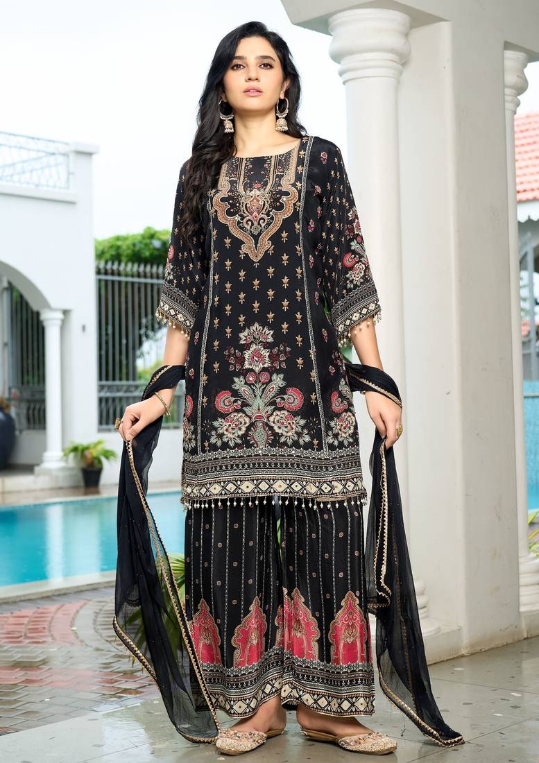 Black printed with handwork natural crepe ethnic kurti set with plazzo