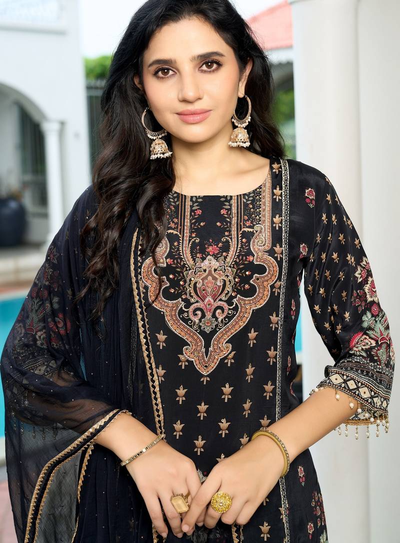 Black printed with handwork natural crepe ethnic kurti set with plazzo