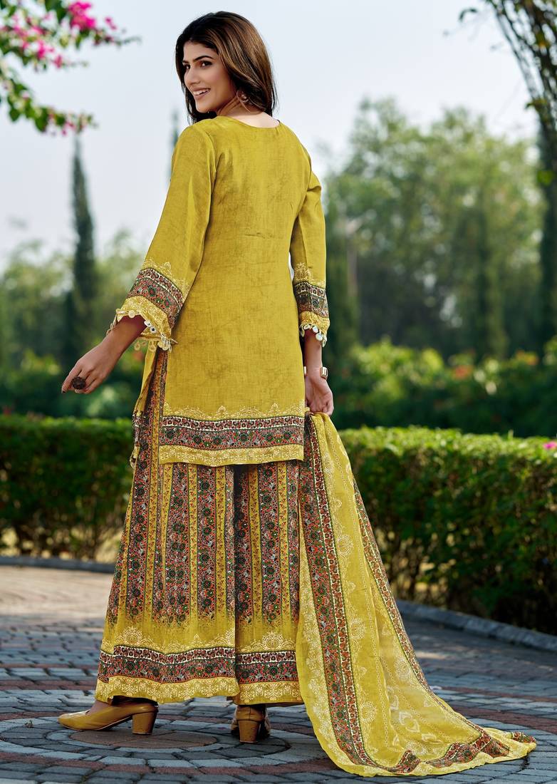 Lemon printed with handwork natural crepe ethnic kurti set with plazzo