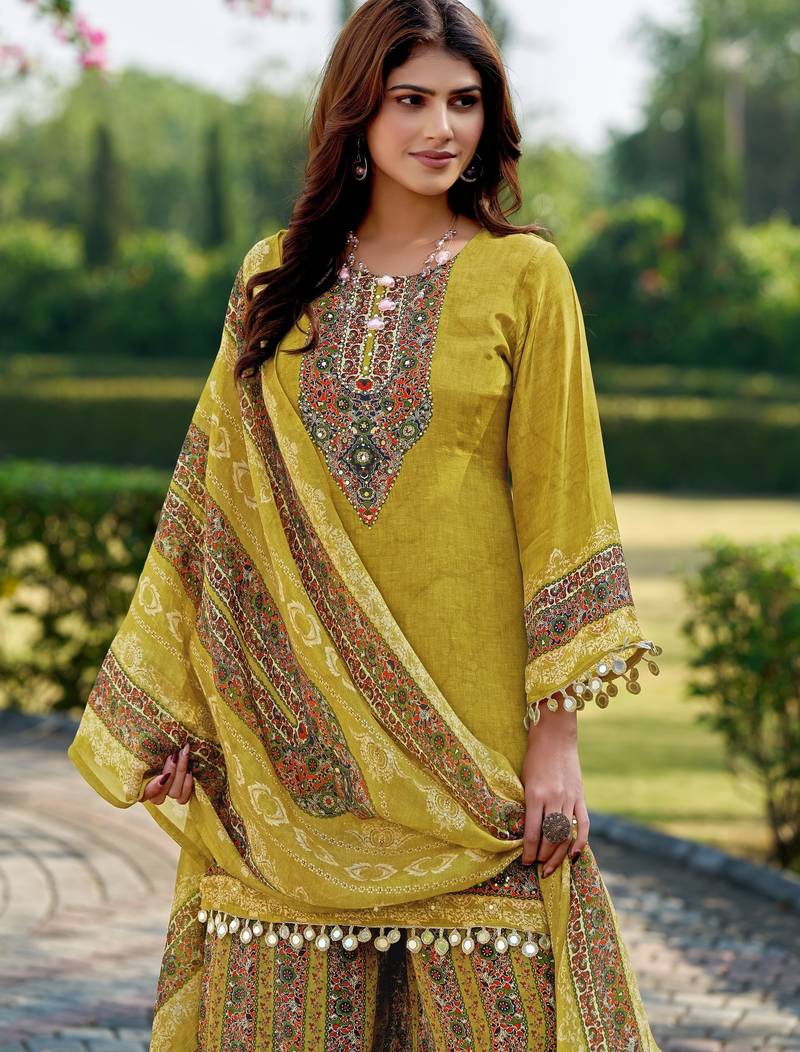 Lemon printed with handwork natural crepe ethnic kurti set with plazzo