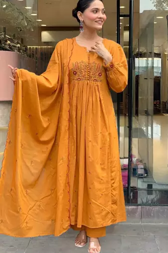 Yellow Cotton Thread Work Straight Kurta Pant and Dupatta Set