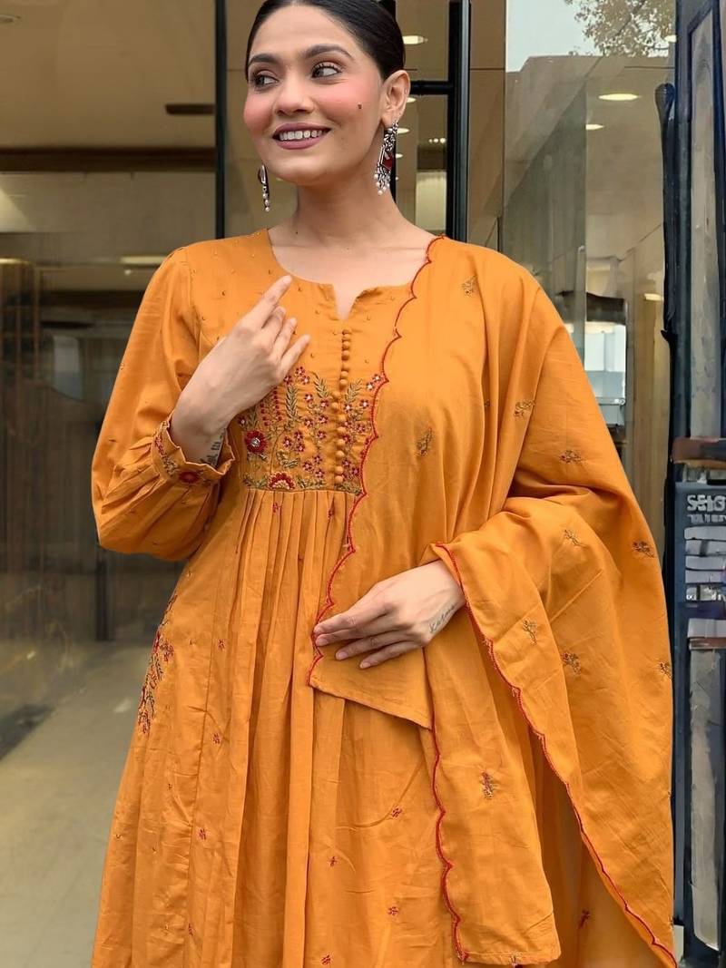 Yellow Cotton Thread Work Straight Kurta Pant and Dupatta Set