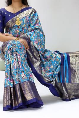 firozi color kalamkari printed with foil work soft dola art silk saree with unstitched blouse 1