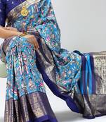 firozi color kalamkari printed with foil work soft dola art silk saree with unstitched blouse