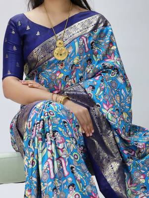 firozi color kalamkari printed with foil work soft dola art silk saree with unstitched blouse 2