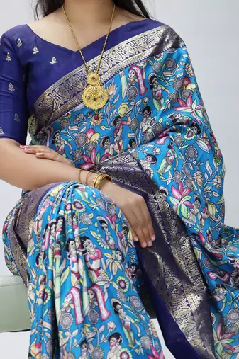 firozi color kalamkari printed with foil work soft dola art silk saree with unstitched blouse
