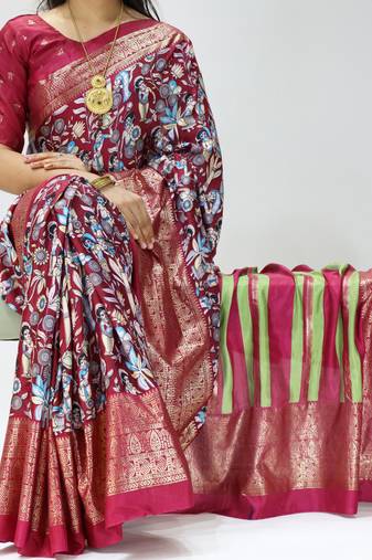 wine color kalamkari printed with foil work soft dola art silk saree with unstitched blouse
