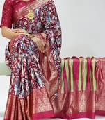 wine color kalamkari printed with foil work soft dola art silk saree with unstitched blouse