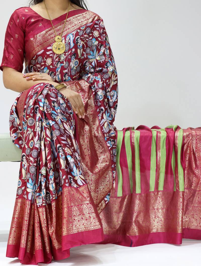 wine color kalamkari printed with foil work soft dola art silk saree with unstitched blouse