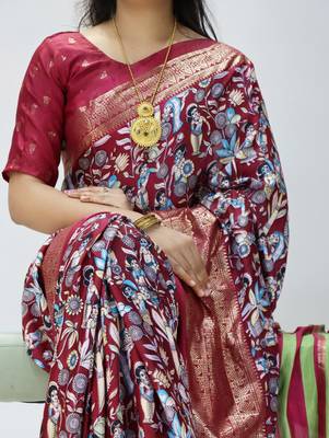 wine color kalamkari printed with foil work soft dola art silk saree with unstitched blouse 2