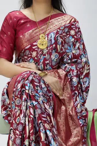 wine color kalamkari printed with foil work soft dola art silk saree with unstitched blouse