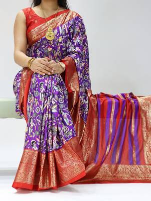 purple color kalamkari printed with foil work soft dola art silk saree with unstitched blouse 1