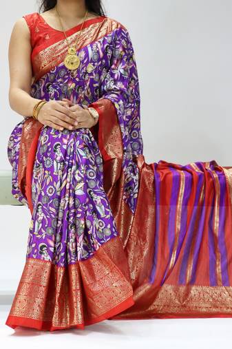purple color kalamkari printed with foil work soft dola art silk saree with unstitched blouse