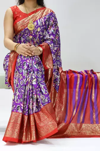 purple color kalamkari printed with foil work soft dola art silk saree with unstitched blouse