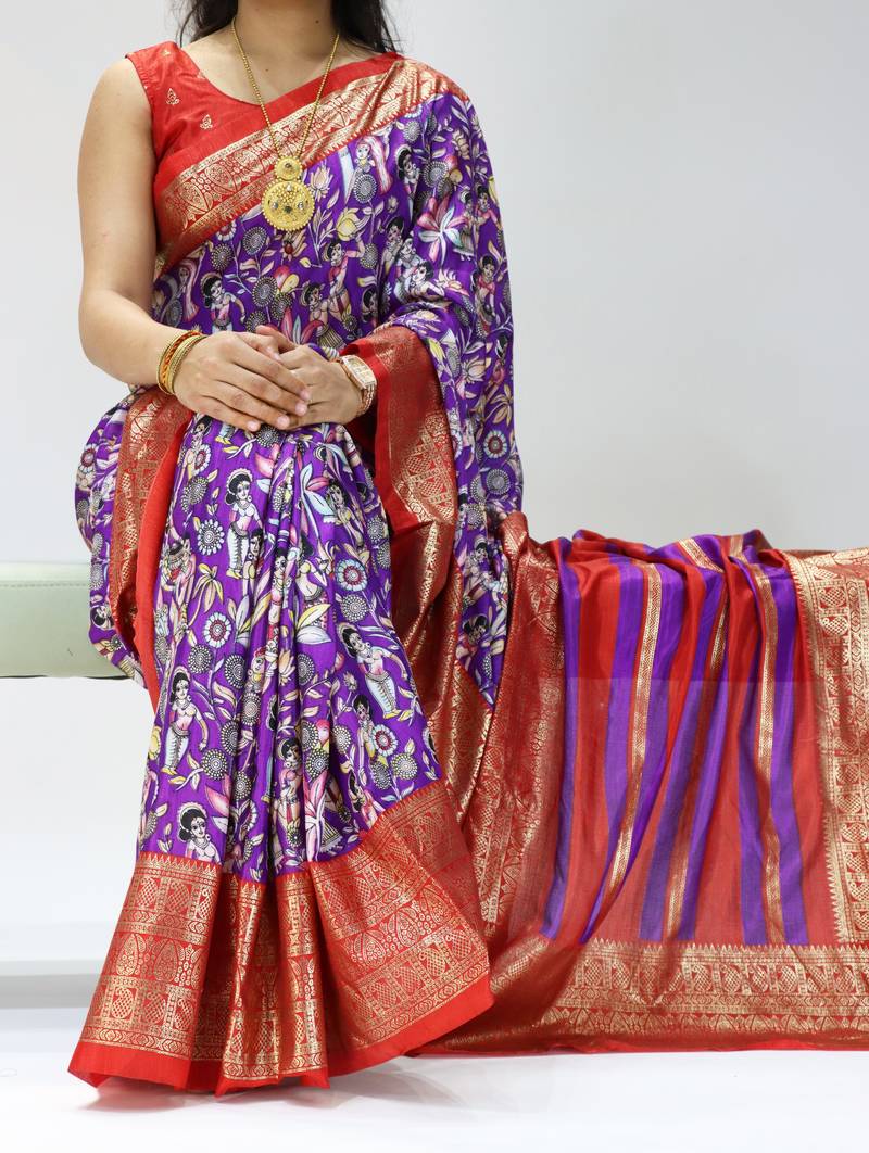 purple color kalamkari printed with foil work soft dola art silk saree with unstitched blouse