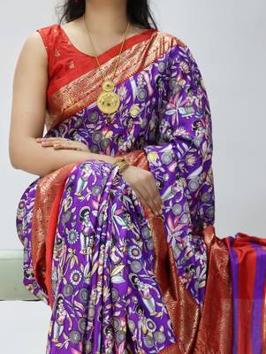 purple color kalamkari printed with foil work soft dola art silk saree with unstitched blouse 2