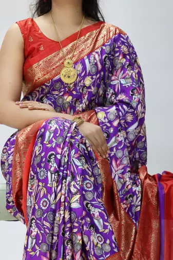 purple color kalamkari printed with foil work soft dola art silk saree with unstitched blouse