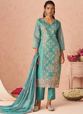 Sky blue silk zari fancy embroidered designer suit for wedding 1
