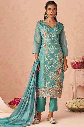 Sky blue silk zari fancy embroidered designer suit for wedding