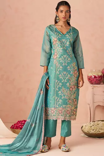 Sky blue silk zari fancy embroidered designer suit for wedding