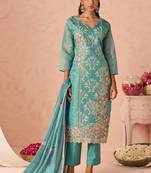 Sky blue silk zari fancy embroidered designer suit for wedding