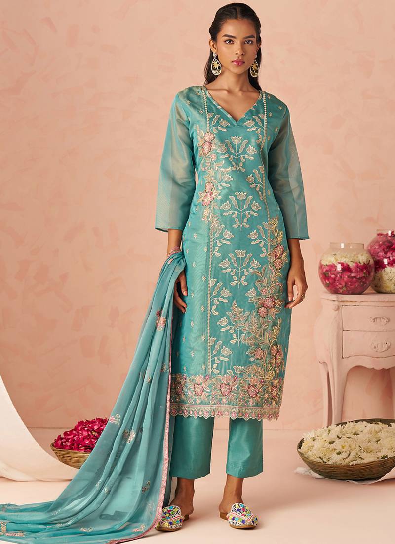 Sky blue silk zari fancy embroidered designer suit for wedding