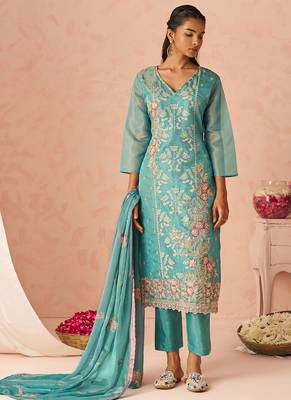 Sky blue silk zari fancy embroidered designer suit for wedding 2