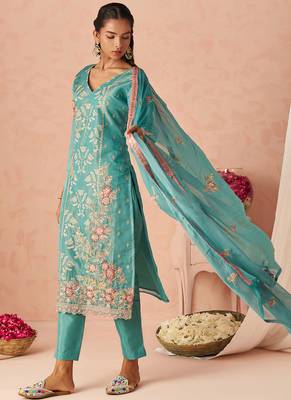 Sky blue silk zari fancy embroidered designer suit for wedding 3
