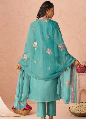 Sky blue silk zari fancy embroidered designer suit for wedding 4