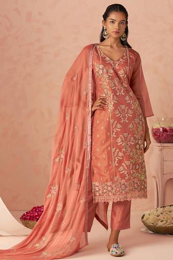 Rust silk zari fancy embroidered designer suit for wedding