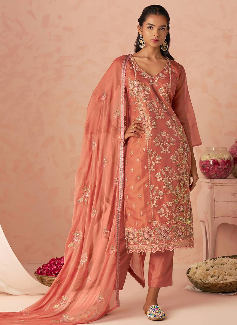 Rust silk zari fancy embroidered designer suit for wedding
