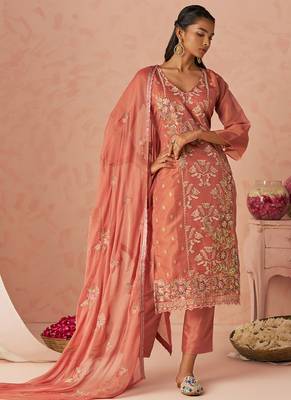 Rust silk zari fancy embroidered designer suit for wedding 2
