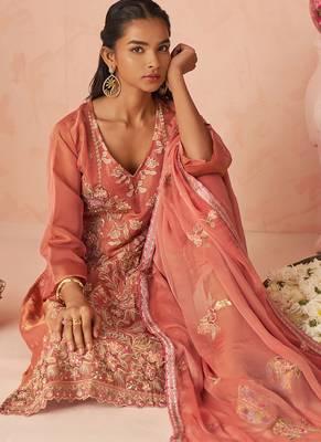 Rust silk zari fancy embroidered designer suit for wedding 3