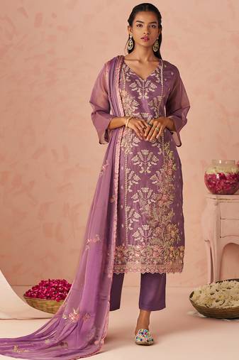 Lavender silk zari fancy embroidered designer suit for wedding