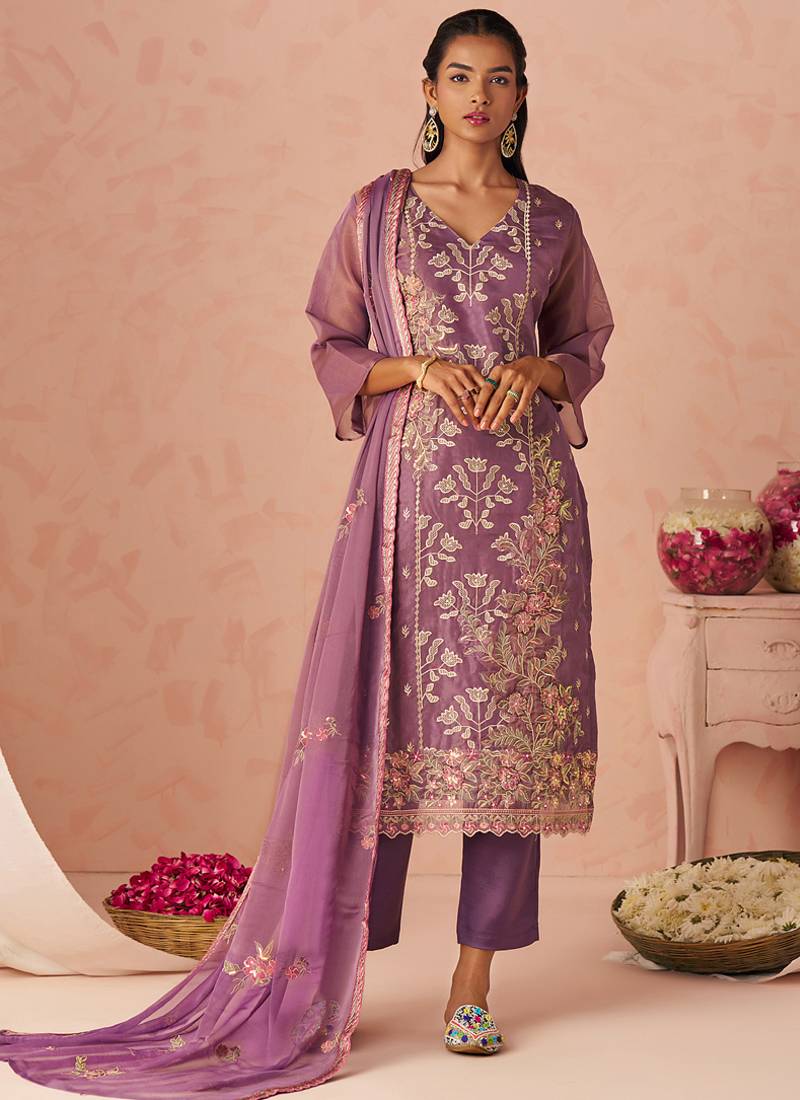 Lavender silk zari fancy embroidered designer suit for wedding