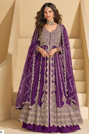 Purple chinon silk heavy embrodiered semi stitched wedding gowns