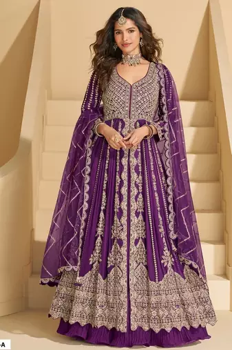 Purple chinon silk heavy embrodiered semi stitched wedding gowns