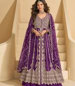 Purple chinon silk heavy embrodiered semi stitched wedding gowns