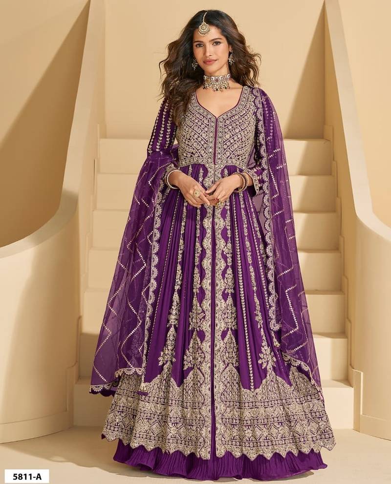 Purple chinon silk heavy embrodiered semi stitched wedding gowns