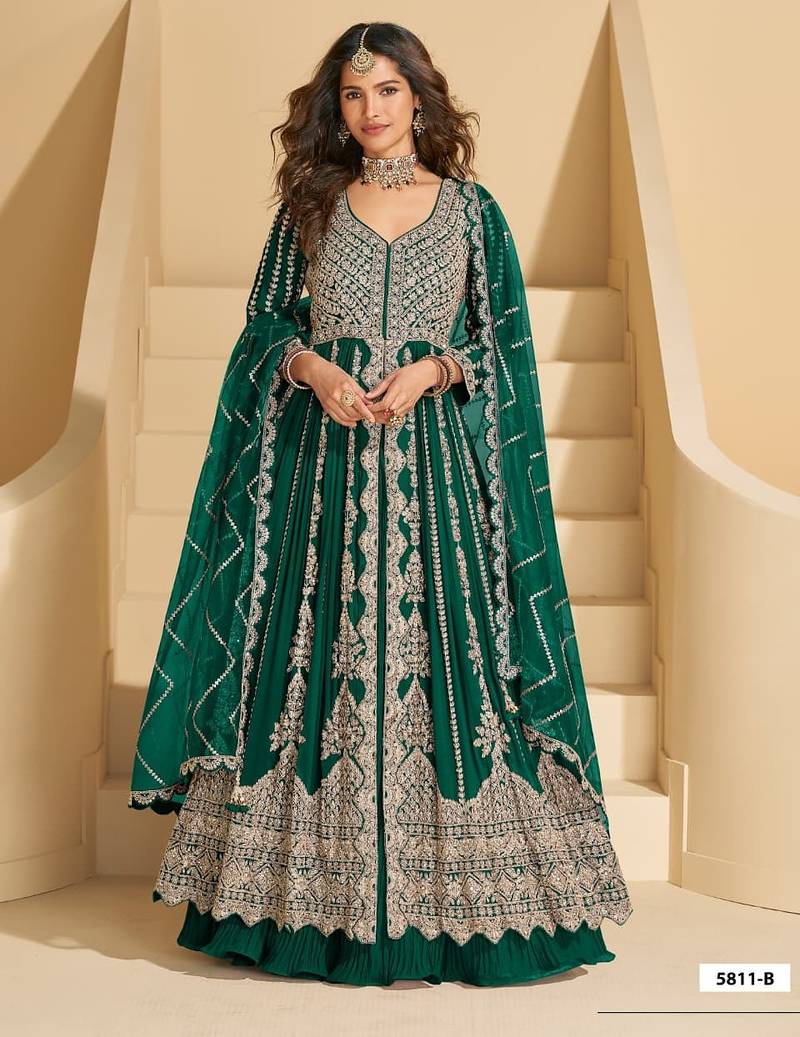 Sea green chinon silk heavy embrodiered semi stitched wedding gowns