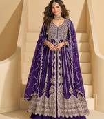 Indigo blue chinon silk heavy embrodiered semi stitched wedding gowns