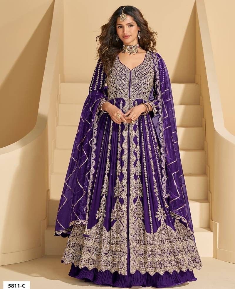 Indigo blue chinon silk heavy embrodiered semi stitched wedding gowns