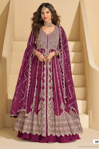 Magenta chinon silk heavy embrodiered semi stitched wedding gowns