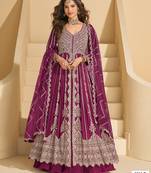 Magenta chinon silk heavy embrodiered semi stitched wedding gowns