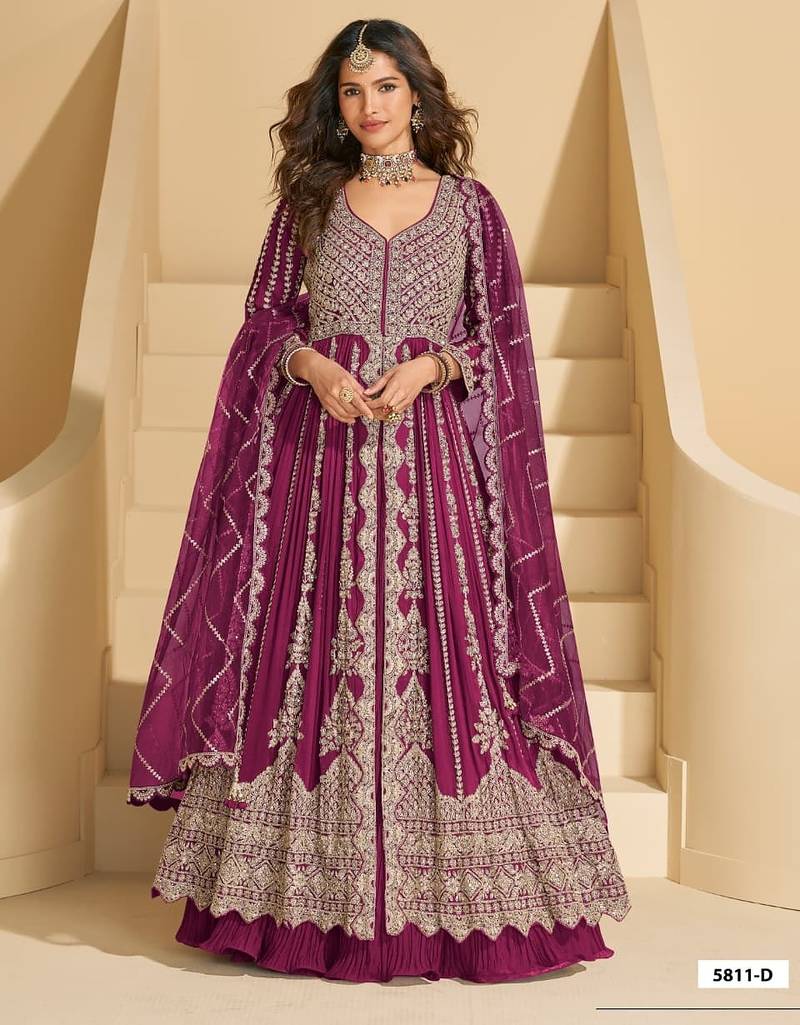 Magenta chinon silk heavy embrodiered semi stitched wedding gowns